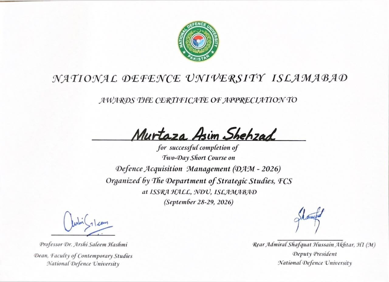 NDU Certificate of Appreciation awarded to Murtaza Asim Shehzad for Defence Acquisition Management (DAM) 2026