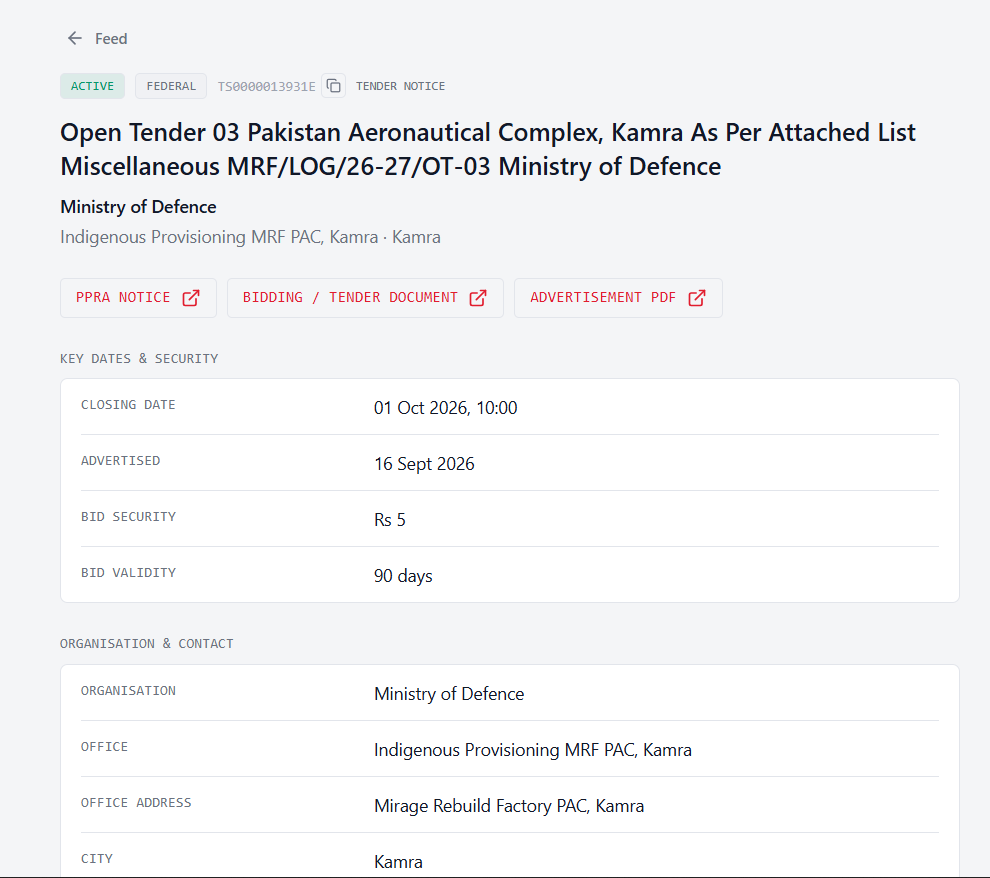 Radar tender detail with key dates, organisation, and portal links