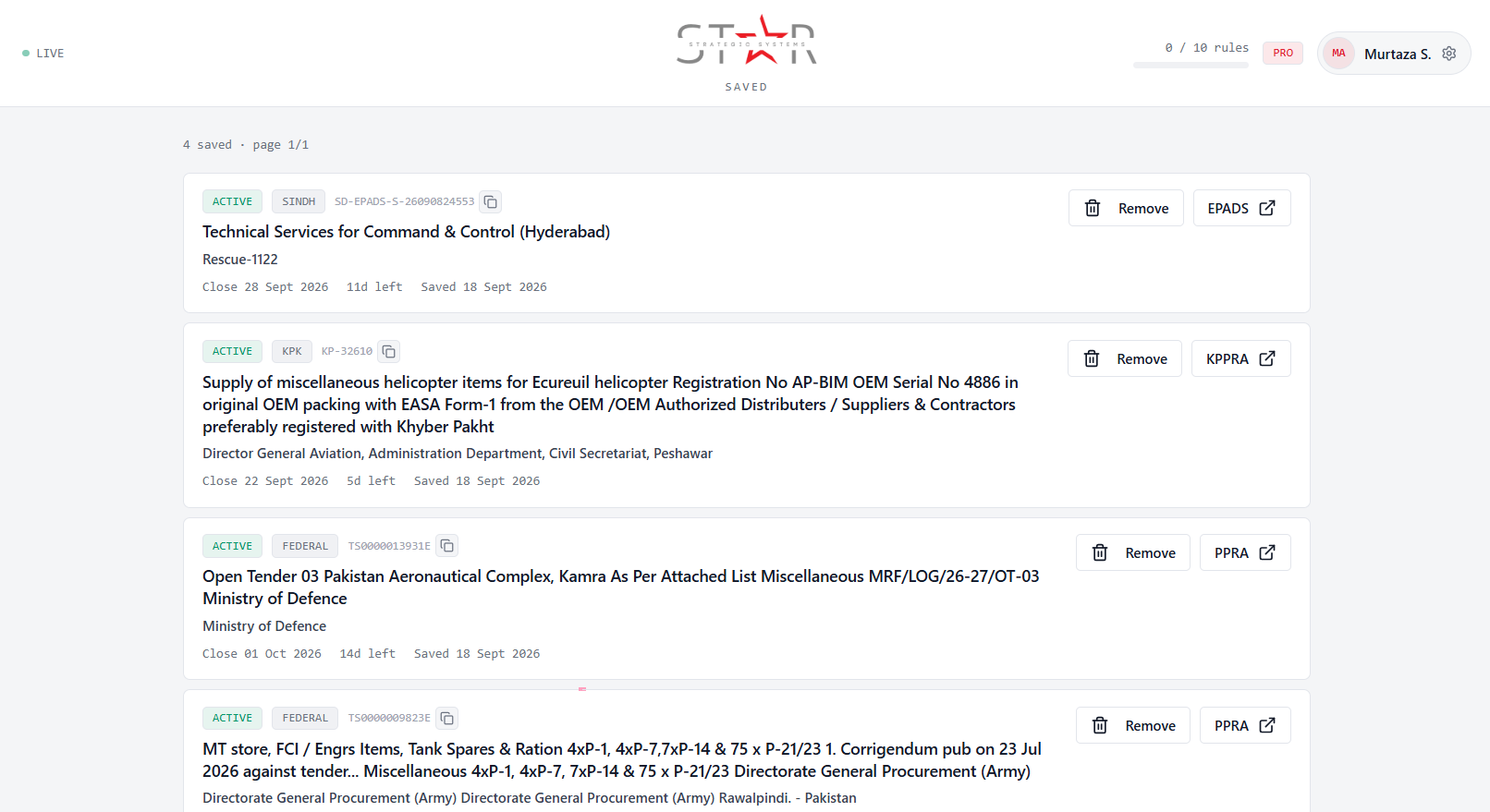 Radar saved tenders list with remove and portal links