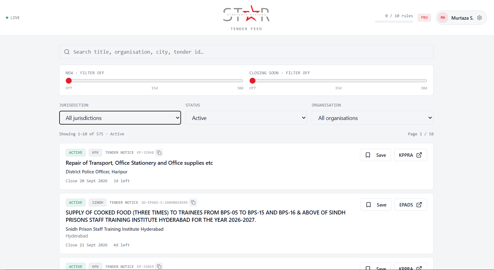 Radar tender feed with search, date sliders, and jurisdiction filters